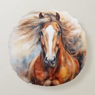Cojín Redondo Caballo Acuarela Marrón y blanco