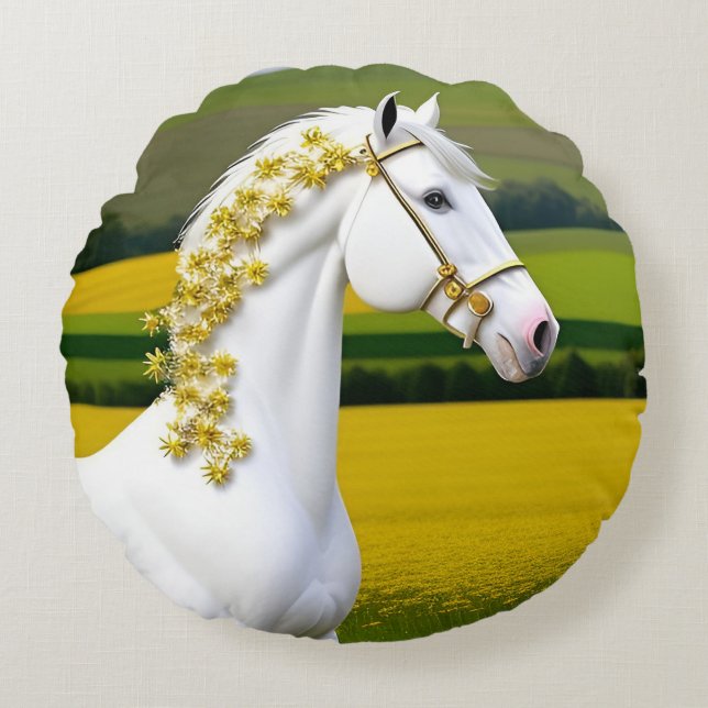 Cojín Redondo Caballo Blanco Con Guirnalda Floral (Anverso)