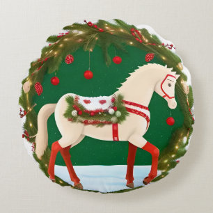 Cojín Redondo Caballo blanco de Navidad con corona festiva