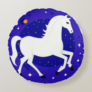 Cojín Redondo Caballo Blanco Elegante en Exhibición Nocturna Cós