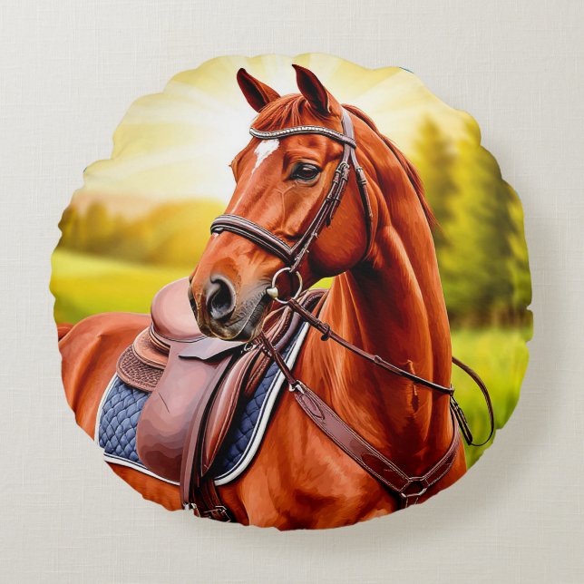 Cojín Redondo Caballo Castaño Elegante con Silla (Anverso)