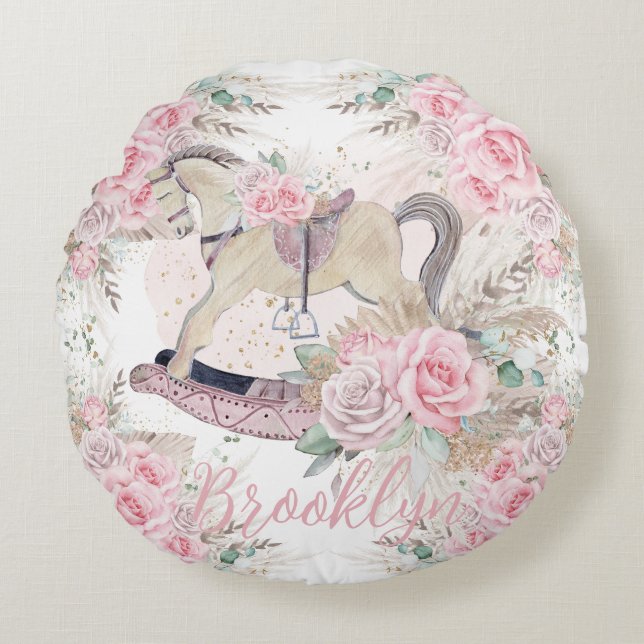 Cojín Redondo Caballo de balancín floral de hierba de Pampas Boh (Anverso)