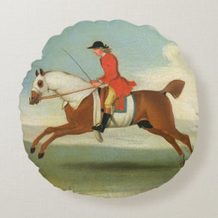 Cojín Redondo Caballo de carreras galopante y jinete montado en