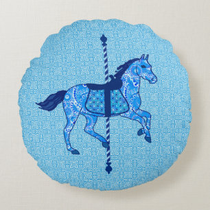 Cojín Redondo Caballo de carrusel - Cobalto y azul cielo