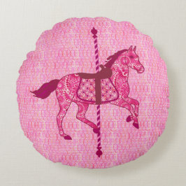 Cojín Redondo Caballo de carrusel - rosa de la fucsia
