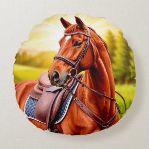 Cojín Redondo Caballo de castaño elegante con silla