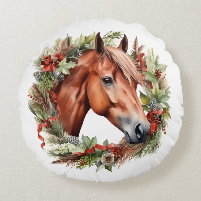 Cojín Redondo Caballo de castaño y Navidades Wreath Watercolor (Anverso)