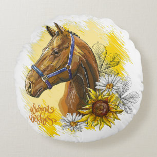 Cojín Redondo Caballo de dibujo manual con plantas y flores tira