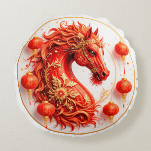 Cojín Redondo Caballo de Fuego Rojo - Diseño de la celebración d
