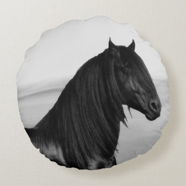 Cojín Redondo Caballo estallido negro frisón (Reverso)