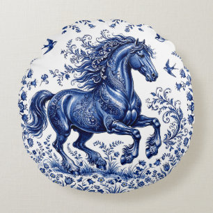 Cojín Redondo Caballo frisón al estilo Delftware en prado