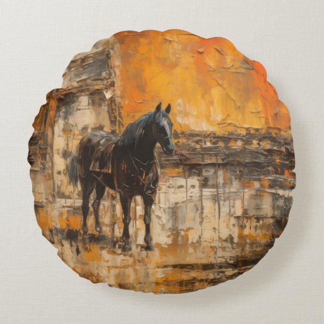 Cojín Redondo Caballo majestuoso al atardecer abstracto (Anverso)