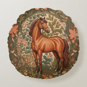 Cojín Redondo Caballo Marrón Hermoso Inspirado en William Morris