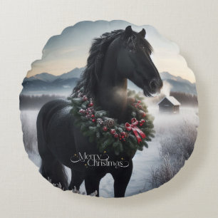 Cojín Redondo Caballo negro en la nieve con corona de Navidades