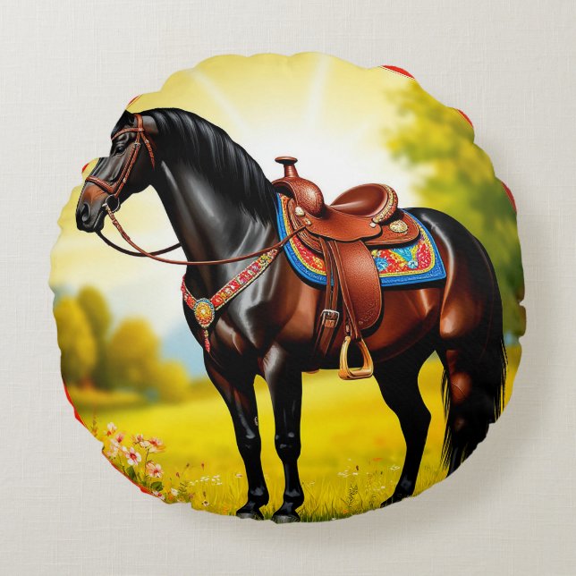 Cojín Redondo Caballo negro majestuoso con silla (Anverso)