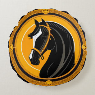 Cojín Redondo Caballo negro sobre fondo amarillo y dorado orname
