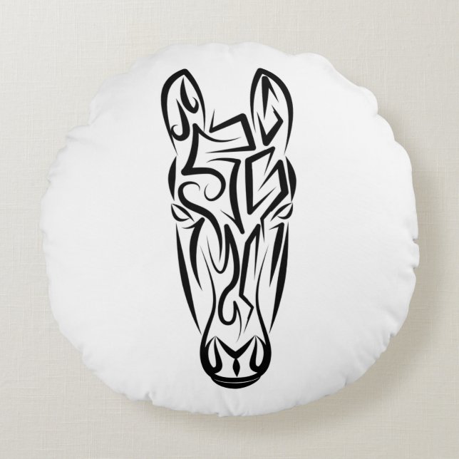 Cojín Redondo Caballo tribal blanco y negro (Anverso)
