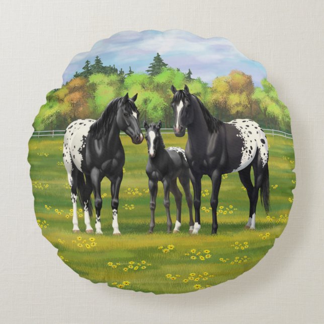 Cojín Redondo Caballos Appaloosa Negros En Pastel De Verano (Anverso)