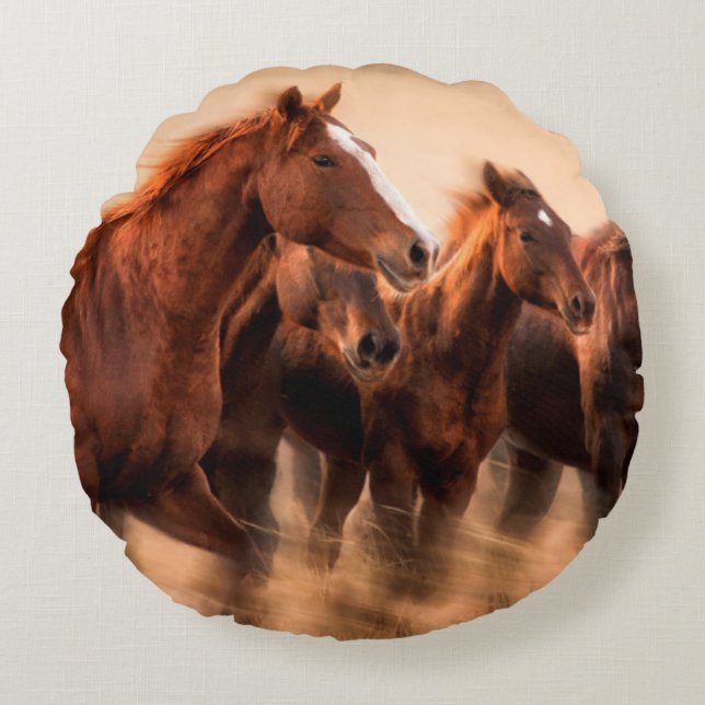 Cojín Redondo Caballos en marcha, mangos borrosos y voladores (Anverso)