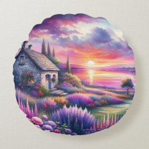 Cojín Redondo Cabaña Atardecer Pastel Jardín junto al Lago Paisa