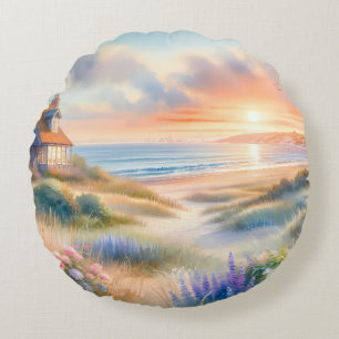 Cojín Redondo Cabaña Costera Atardecer Dunas Acuarela