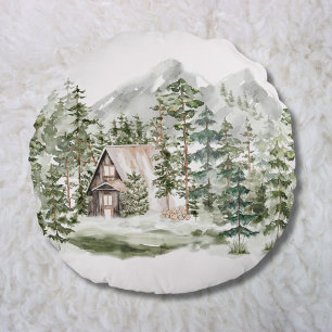 Cojín Redondo Cabaña de acuarela en el bosque verde de pino, arb