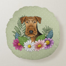 Cojín Redondo Cabeza de Airedale Terrier con flores de verano co
