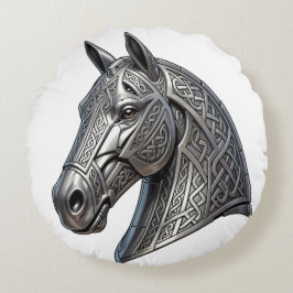 Cojín Redondo Cabeza de caballo de plata céltica majestuosa con