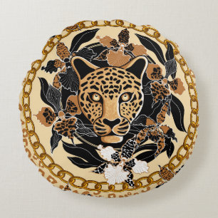 Cojín Redondo cabeza de leopardo rodeada de orquídeas, cadena do