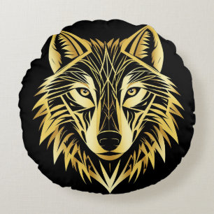 Cojín Redondo Cabeza de Lobo Dorado sobre Geométrico Negro 🐺