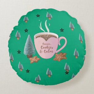 Cojín Redondo Cacao, Galletas & Calma – Camiseta Navideña Pastel