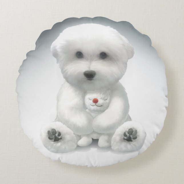 Cojín Redondo Cachorro Abrazando su juguete (Anverso)