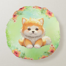 Cojín Redondo Cachorro acogedor con flores florecientes acuarela