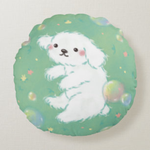 Cojín Redondo Cachorro Adorable con Burbujas y Flores