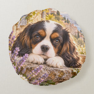 Cojín Redondo Cachorro de Cavalier King Charles Spaniel en lavan