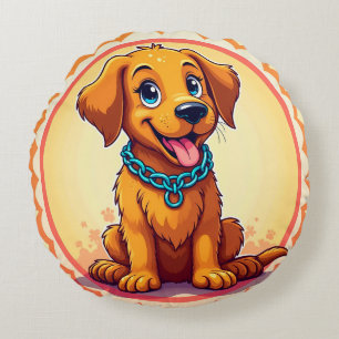 Cojín Redondo Cachorro de dibujos animados lindo con collar azul