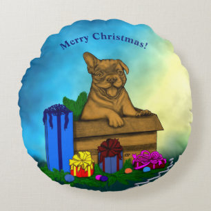 Cojín Redondo Cachorro en una caja , Feliz Navidad