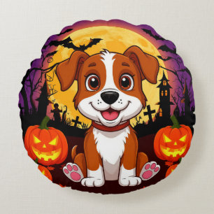 Cojín Redondo Cachorro feliz en un entorno de Halloween con cala