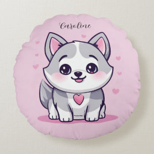 Cojín Redondo Cachorro Husky Kawaii Personalizado Rosa