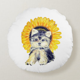 Cojín Redondo Cachorro yorkie lindo y girasol en blanco