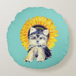 Cojín Redondo Cachorro yorkie lindo y girasol sobre azul turques