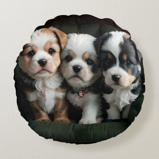 Cojín Redondo Cachorros Super Cute en el sofá 2 (Anverso)