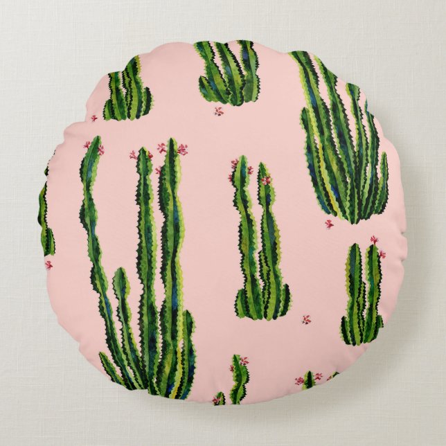 Cojín Redondo Cacti acuarela: Floreciente patrón sin foco (Anverso)