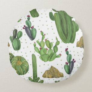 Cojín Redondo Cactus acuarela, patrón natural sin fisuras.