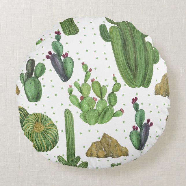 Cojín Redondo Cactus acuarela, patrón natural sin fisuras. (Anverso)