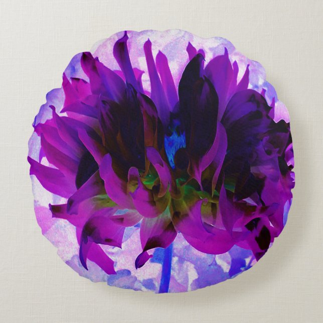 Cojín Redondo Cactus Dahlia morado y negro asombroso (Anverso)