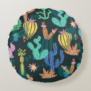Cojín Redondo Cactus dibujado a mano: sin costuras escandinavas.