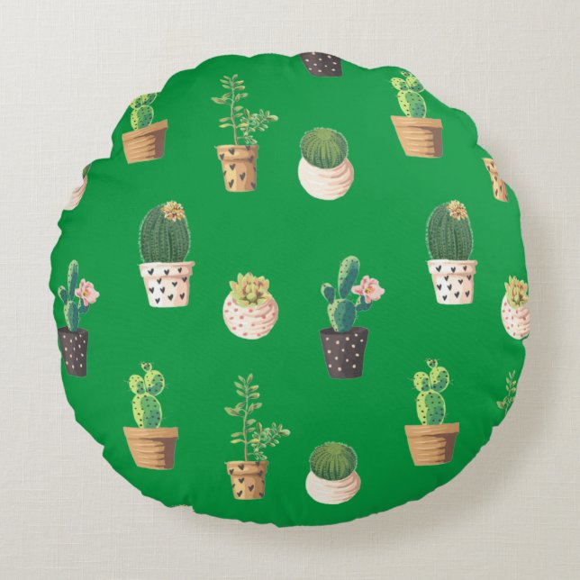 Cojín Redondo Cactus exitosos de danza verde en ollas (Anverso)
