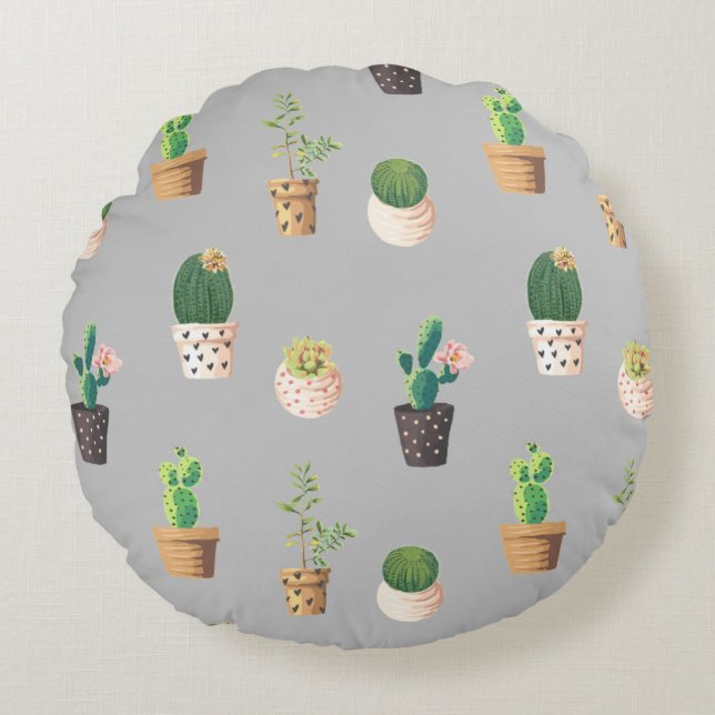 Cojín Redondo Cactus exitosos de danza verde en ollas (Anverso)
