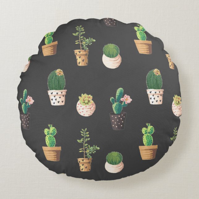 Cojín Redondo Cactus exitosos de danza verde en ollas (Anverso)